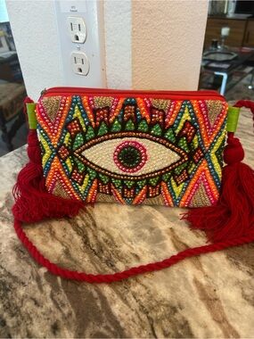BNWOT  Beaded evil Eye Crossbody Bag with tassels boho whimsy